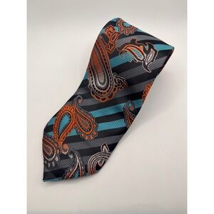 Mens Paisley Stripe Tie Silk Blend Hand Made Orange Blue Gray Formal